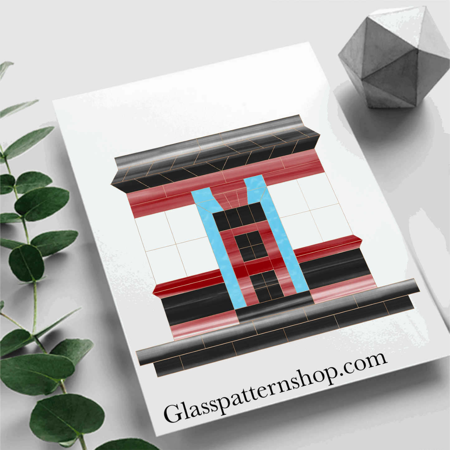 Stained glass pattern of a magical shop front design, inspired by the unique stores from a magical world. Features intricate details and architectural elements, ideal for creating a unique glass art piece. Perfect for window panels and suncatchers.