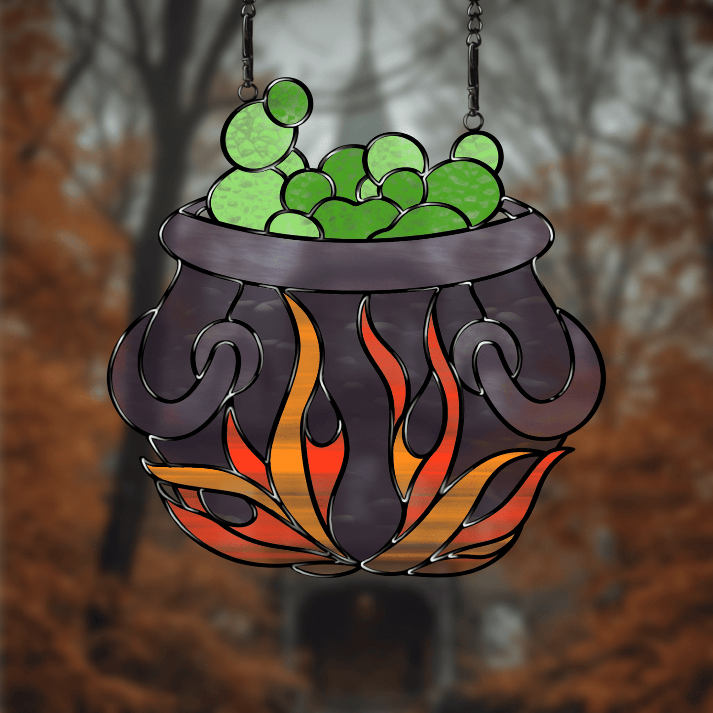 Cauldron stained glass pattern digital download – witchy Halloween glass art template