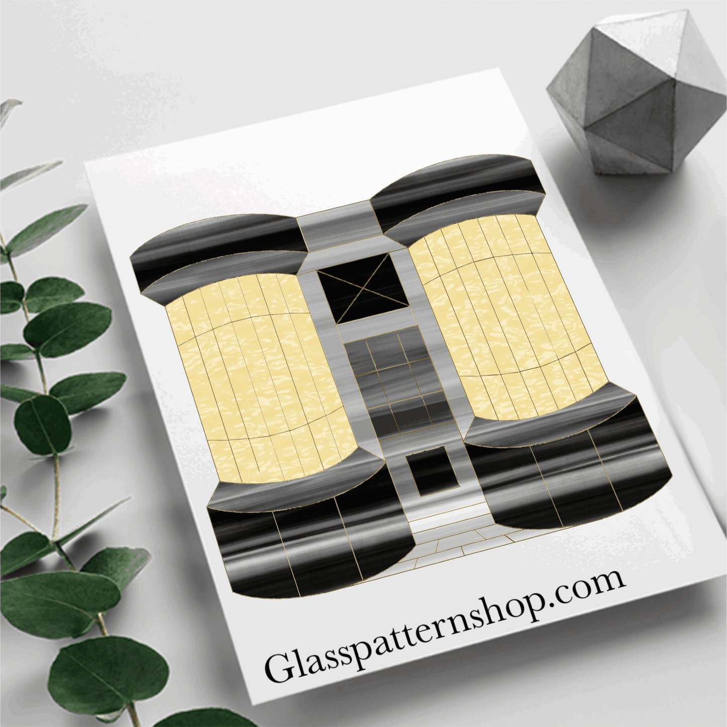 Detailed stained glass pattern featuring a magical shop front design, ideal for crafting custom stained glass projects such as panels, wall decor, or unique gifts.