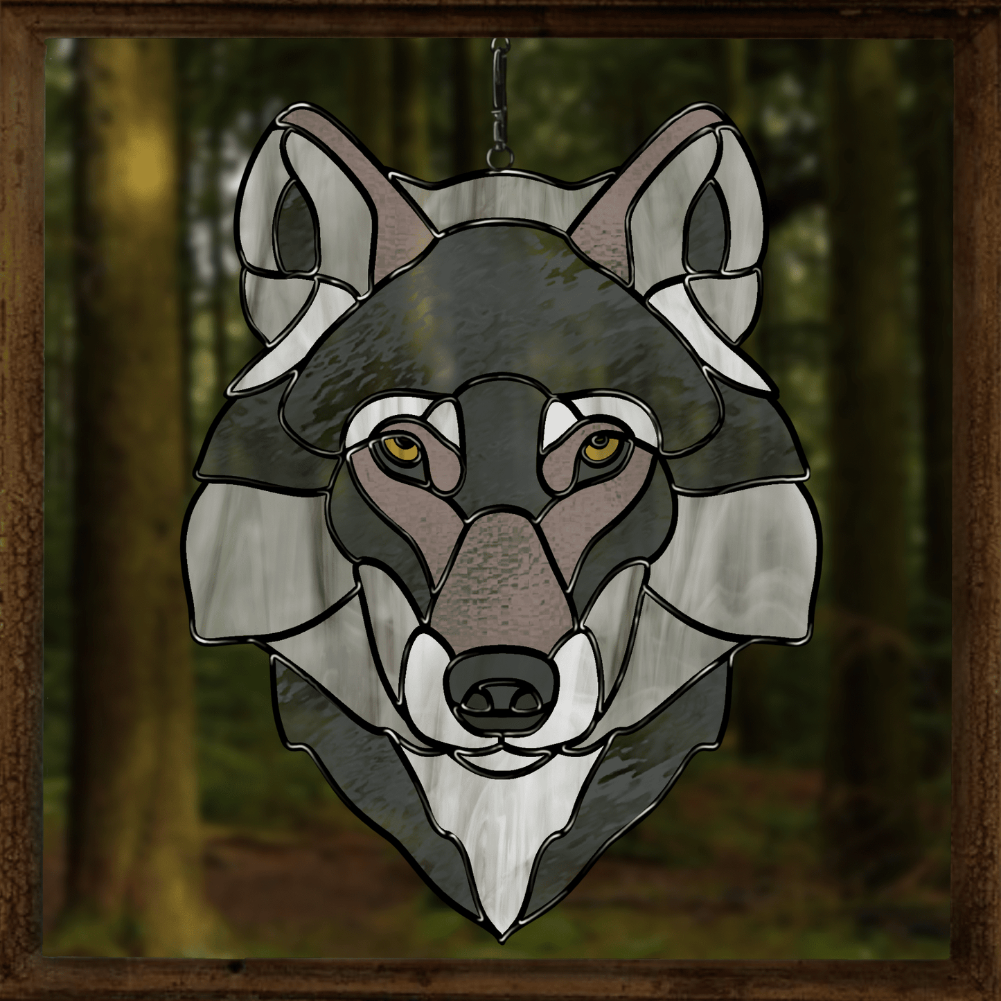 Striking stained glass pattern of a wild wolf with intense features, ideal for bold and mysterious glass art pieces.