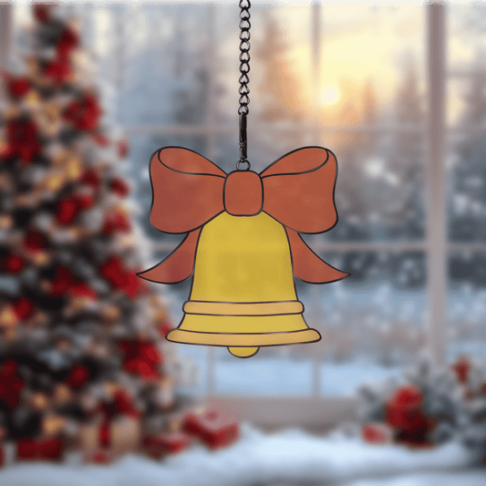Digital stained glass pattern featuring a bell with a bow, perfect for festive or holiday designs.