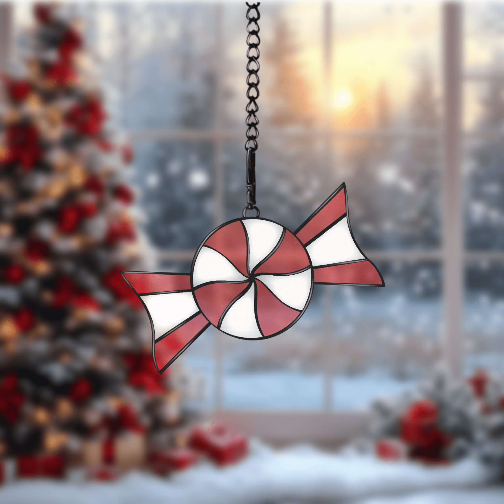 Digital stained glass pattern featuring candy peppermint sweets, perfect for holiday or festive designs