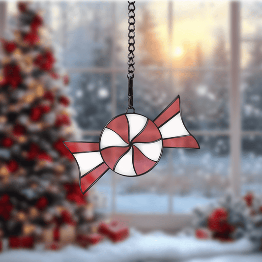Digital stained glass pattern featuring candy peppermint sweets, perfect for holiday or festive designs
