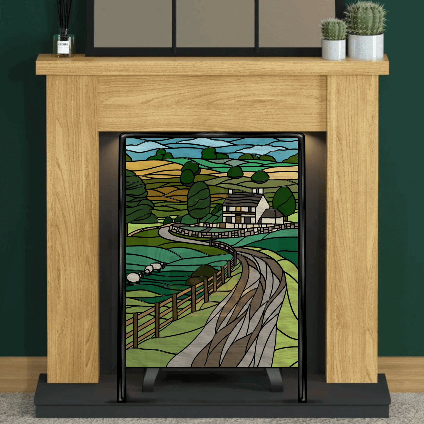Countryside cottage stained glass printable pattern – digital download in PNG, PDF, JPEG, SVG formats. An intricate design of a cottage set in the countryside.