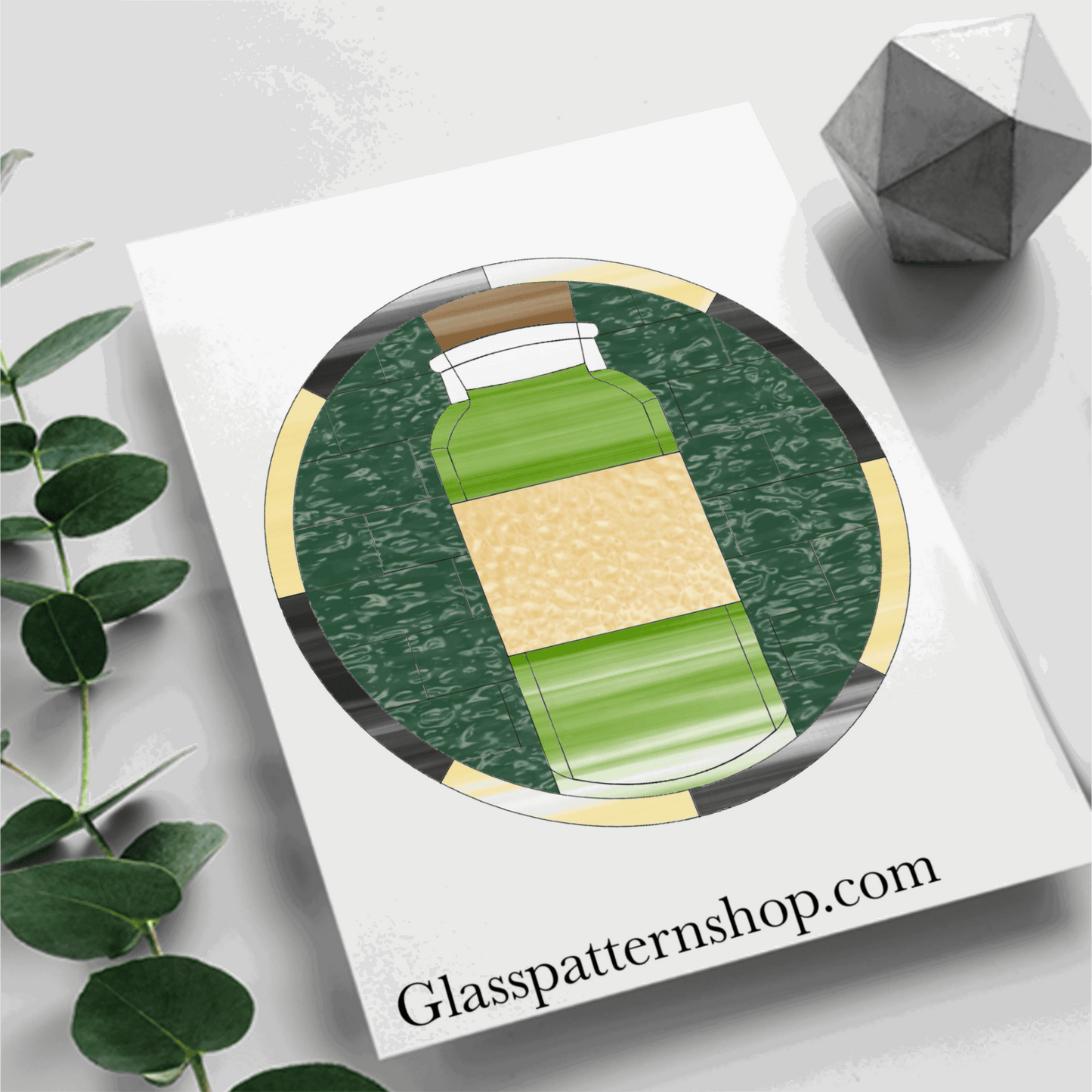A detailed stained glass pattern of a potion bottle design, featuring intricate lines and shapes to create a magical glass art piece. The design is suitable for various stained glass projects such as suncatchers, window panels, or decorative glass pieces. The digital download is available in multiple formats like PNG, PDF, JPEG, and SVG for easy customization and printing, allowing you to personalize your project with your favorite glass colors and textures.