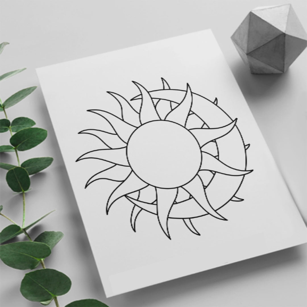 Celestial sun and moon suncatcher stained glass pattern, bright and whimsical design.