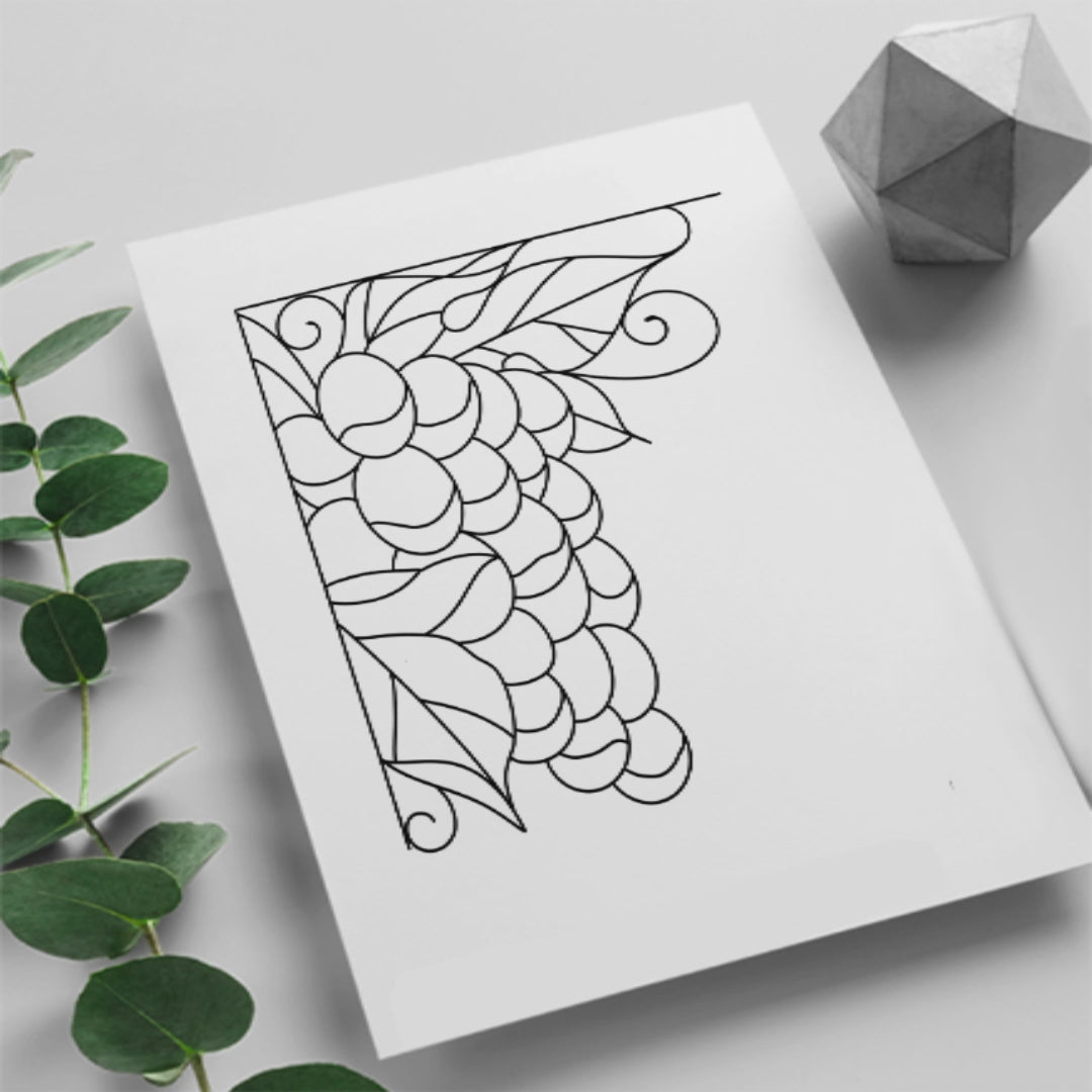 A stained glass pattern featuring a cluster of grapes with vines, designed as a corner panel for customisable stained glass projects.