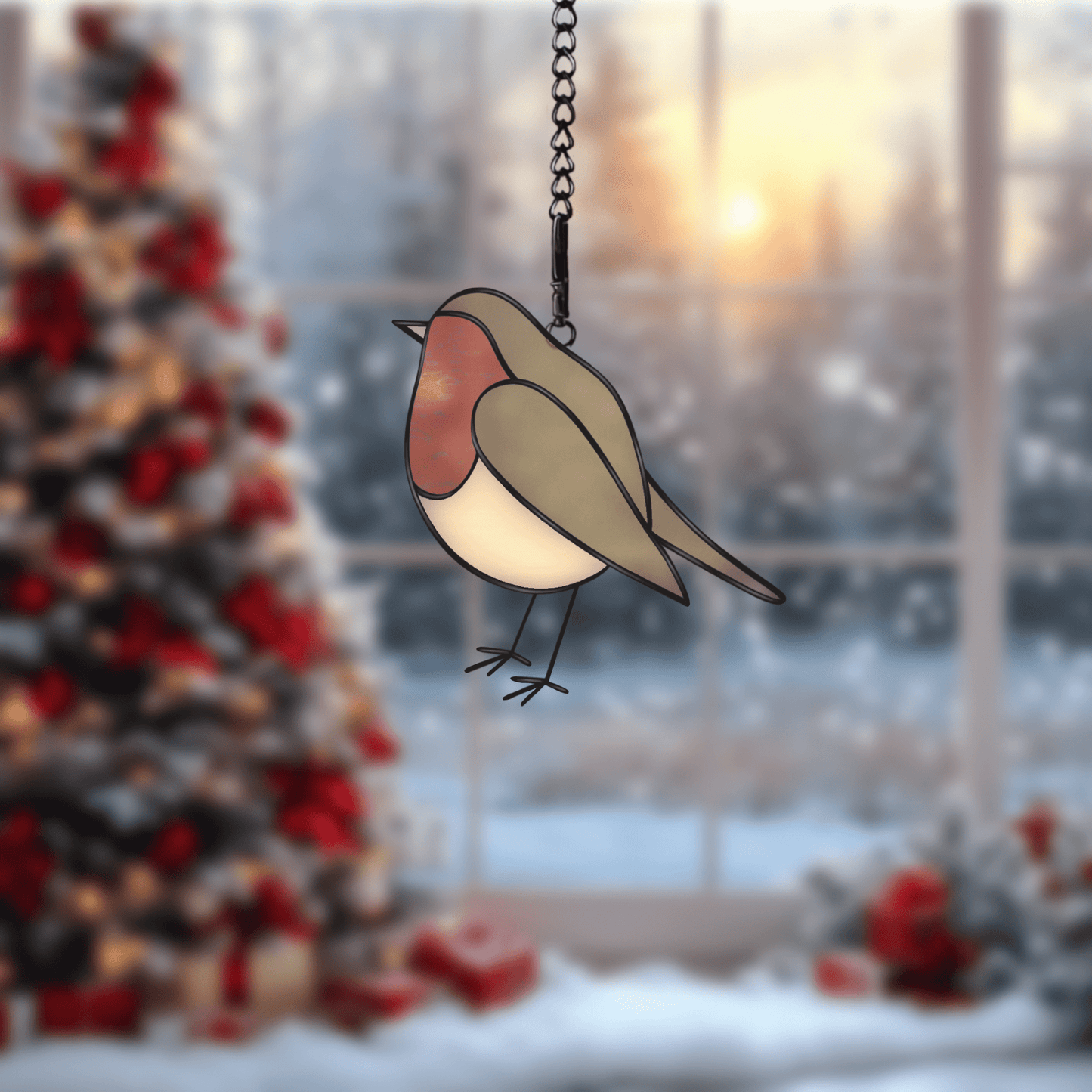 Digital stained glass pattern featuring a robin bird, ideal for winter or holiday-themed decorations.