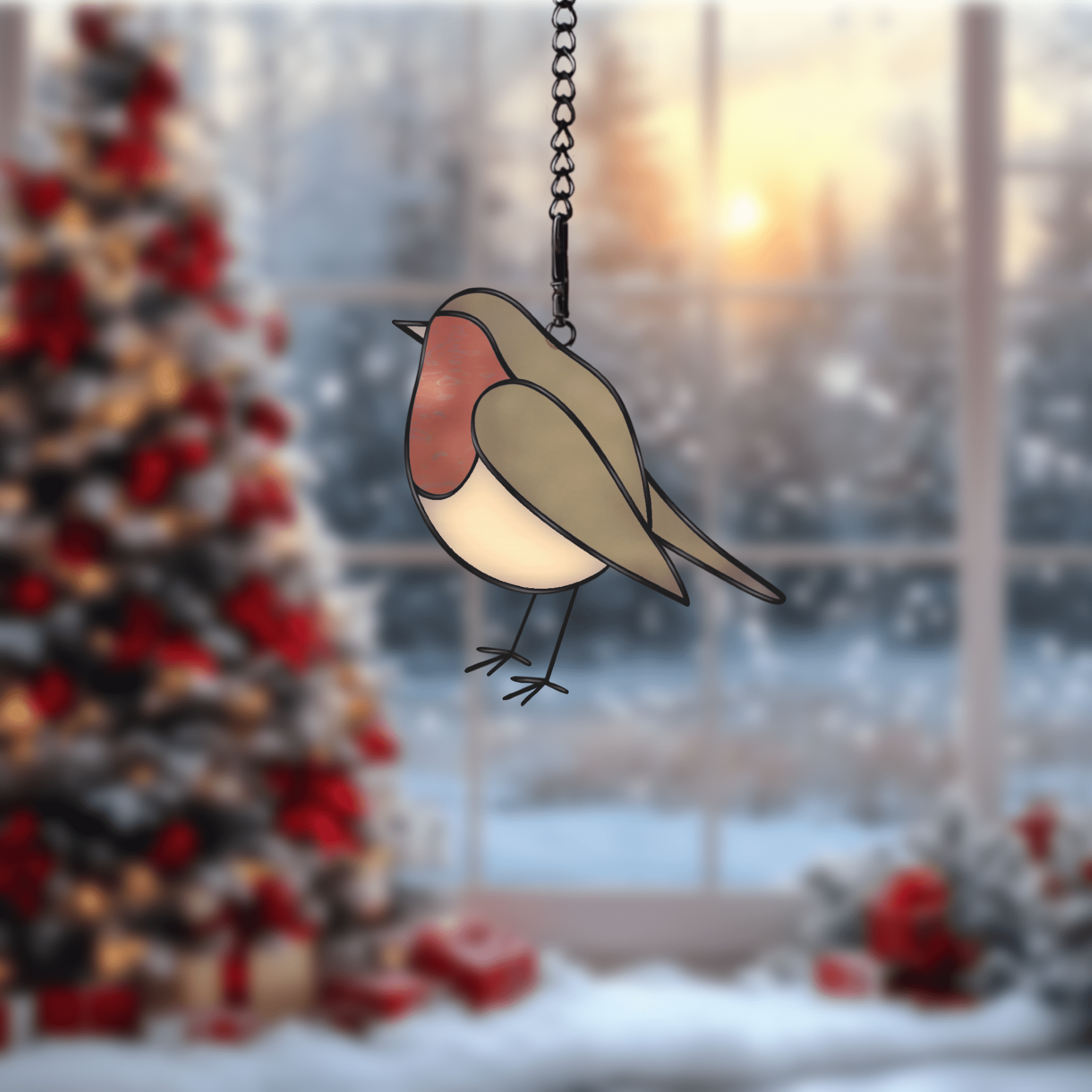 Digital stained glass pattern featuring a robin bird, ideal for winter or holiday-themed decorations.