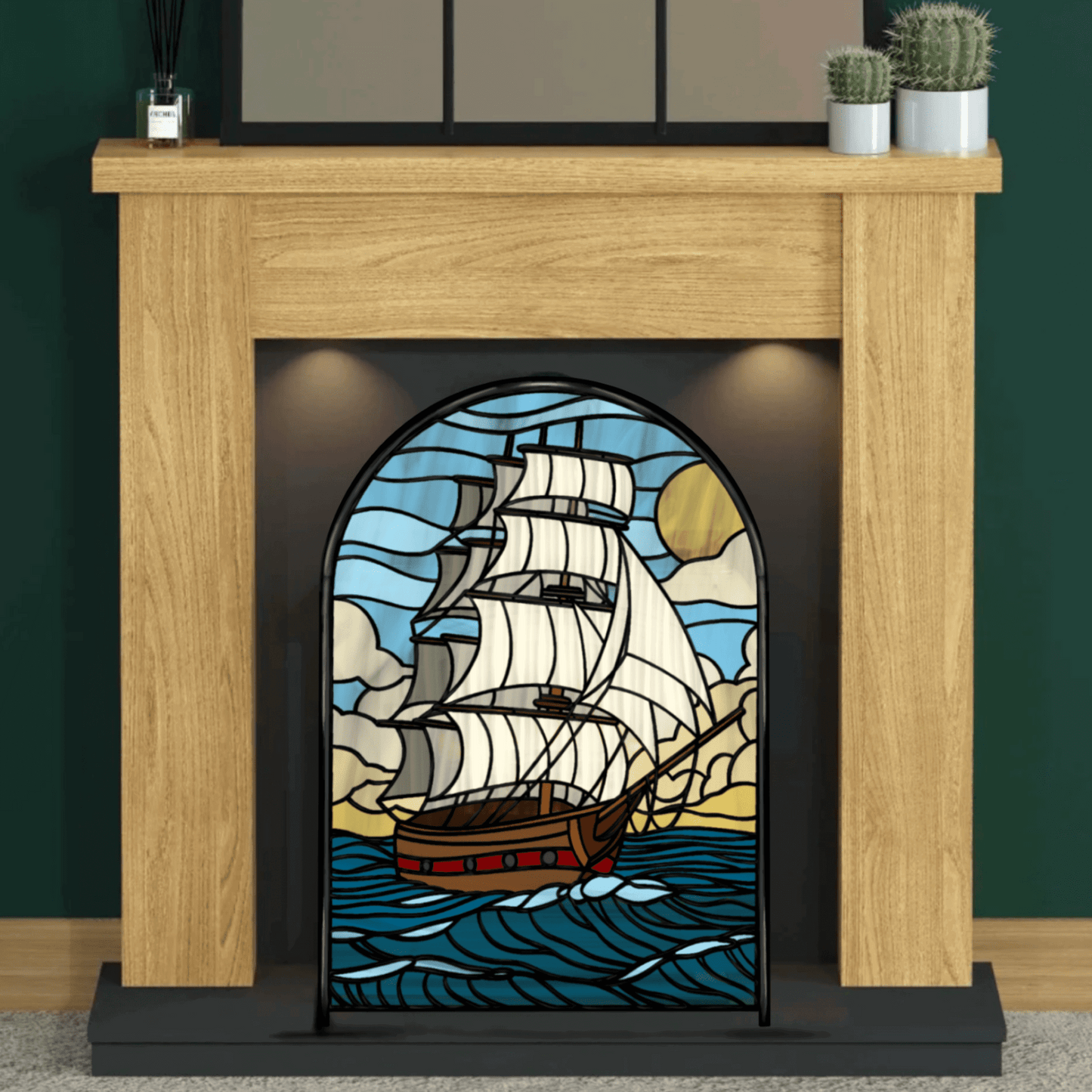 Ship on the sea stained glass printable pattern – digital download in PNG, PDF, JPEG, SVG formats. An intricate design depicting a ship sailing on the sea.