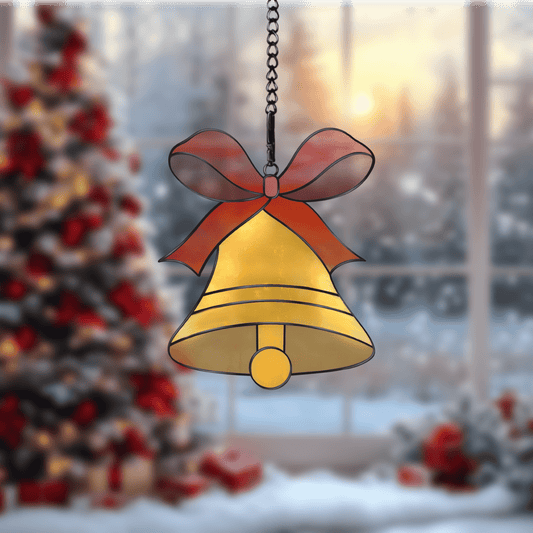 Digital stained glass pattern featuring a bell with a bow, perfect for festive or holiday designs.