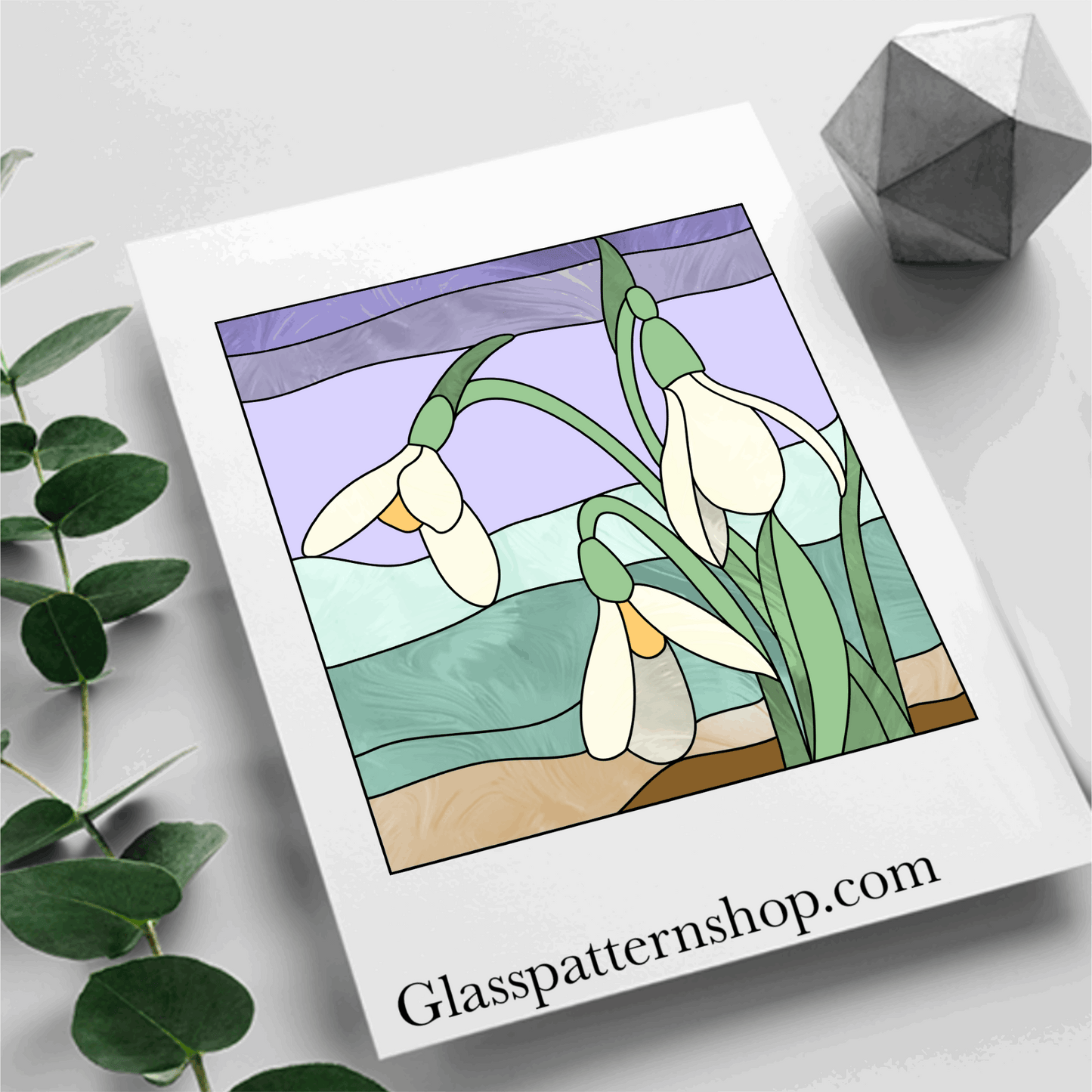Stained glass snowdrop suncatcher pattern – printable digital design for crafting delicate floral stained glass art.