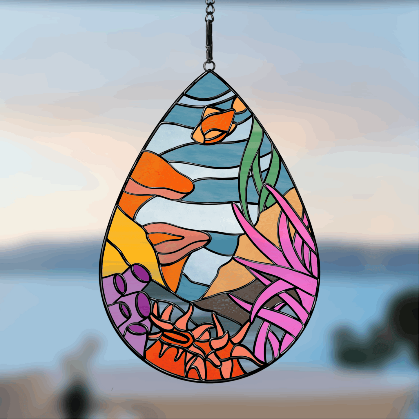 Coral scene in teardrop stained glass pattern, ocean-inspired design for digital download, resizable for stained glass suncatchers or window panels.