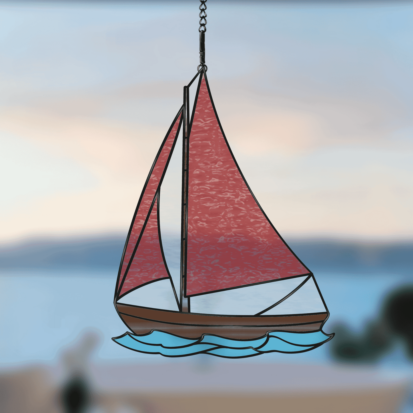 Yacht stained glass pattern, nautical sailing design for digital download, resizable for stained glass suncatchers or window panels.