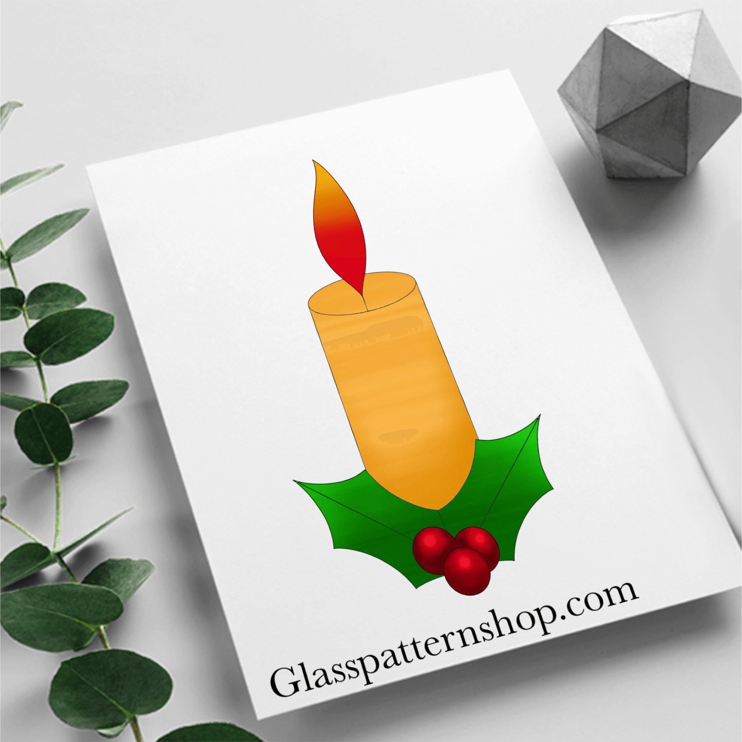 Digital stained glass pattern featuring a lit candle with holly leaves and berries, perfect for holiday or Christmas designs