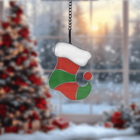 Digital stained glass pattern featuring a cheerful Christmas elf sock, perfect for festive holiday decorations