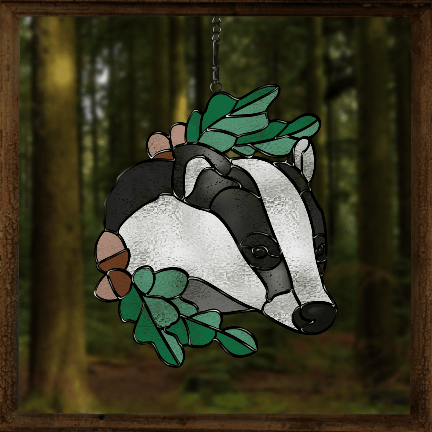 Stained glass pattern featuring a detailed badger surrounded by autumn leaves and acorns. Perfect for creating woodland-themed glass art.