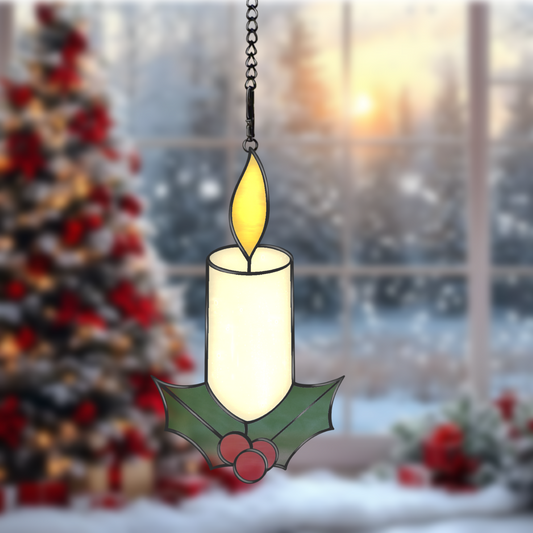 Digital stained glass pattern featuring a lit candle with holly leaves and berries, perfect for holiday or Christmas designs