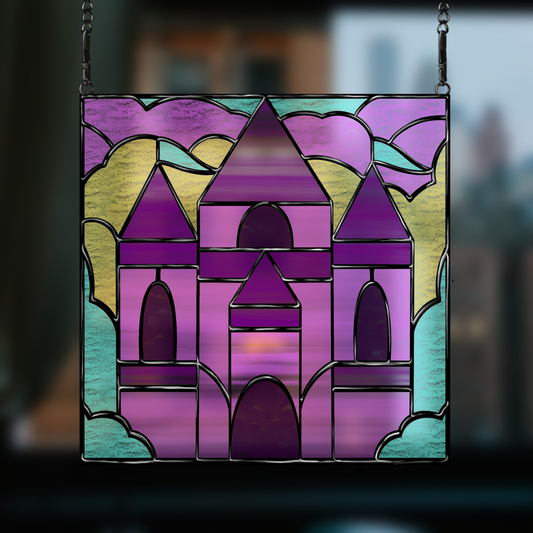 Castle stained glass pattern - Digital download for shadow box frame projects - Magical castle design