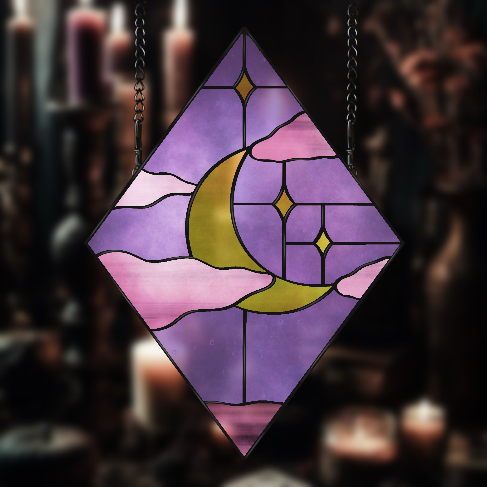 Celestial Moon, stars and clouds suncatcher stained glass pattern. Available in PDF PNG SVG and JPEG format.