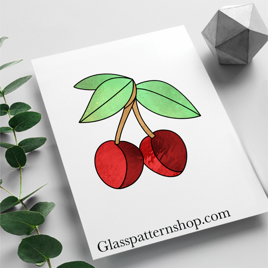 Cherries suncatcher stained glass printable pattern – digital download in PNG, PDF, JPEG, SVG formats. Fun and colorful fruit design.