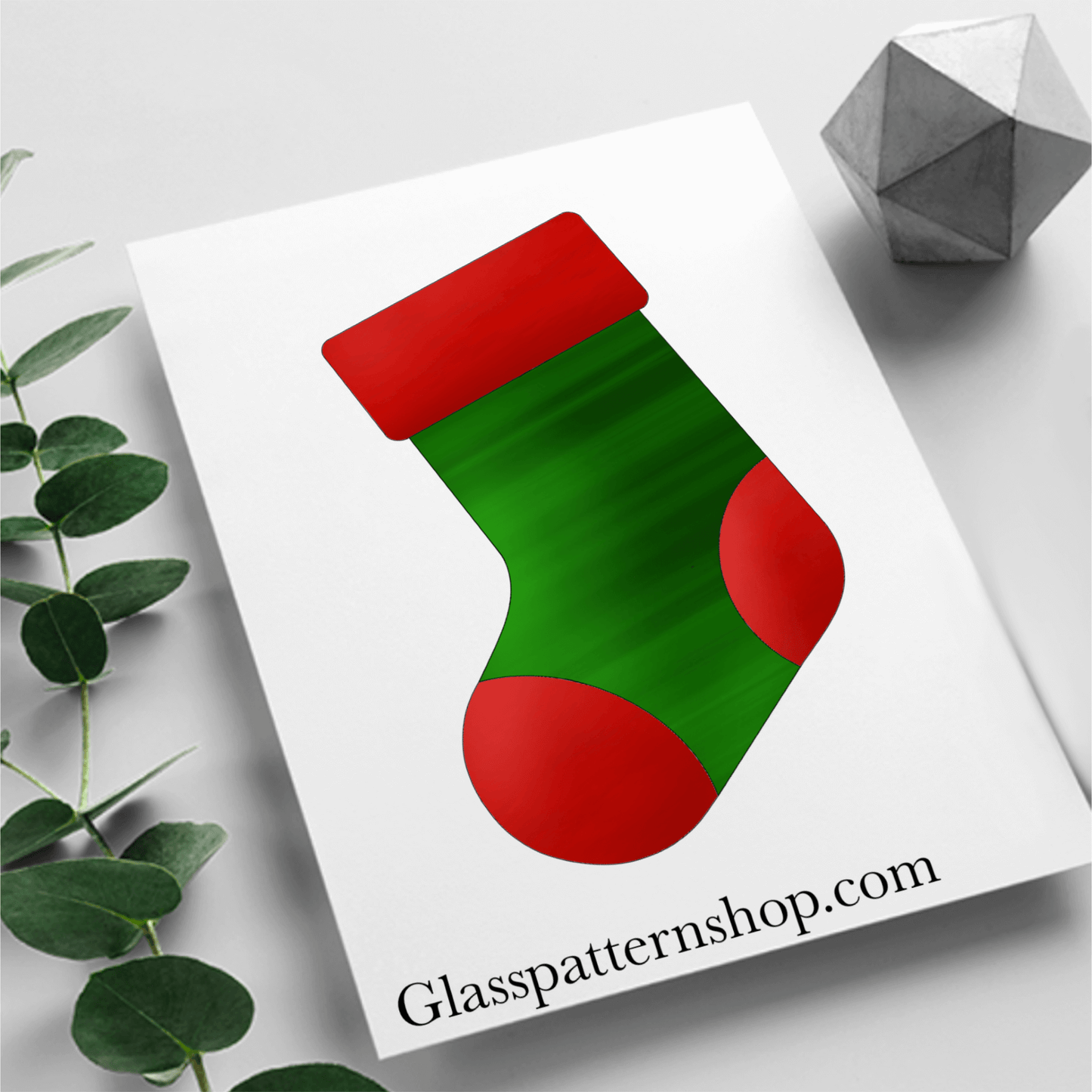 Digital stained glass pattern featuring a festive Christmas stocking, perfect for holiday decorations and designs