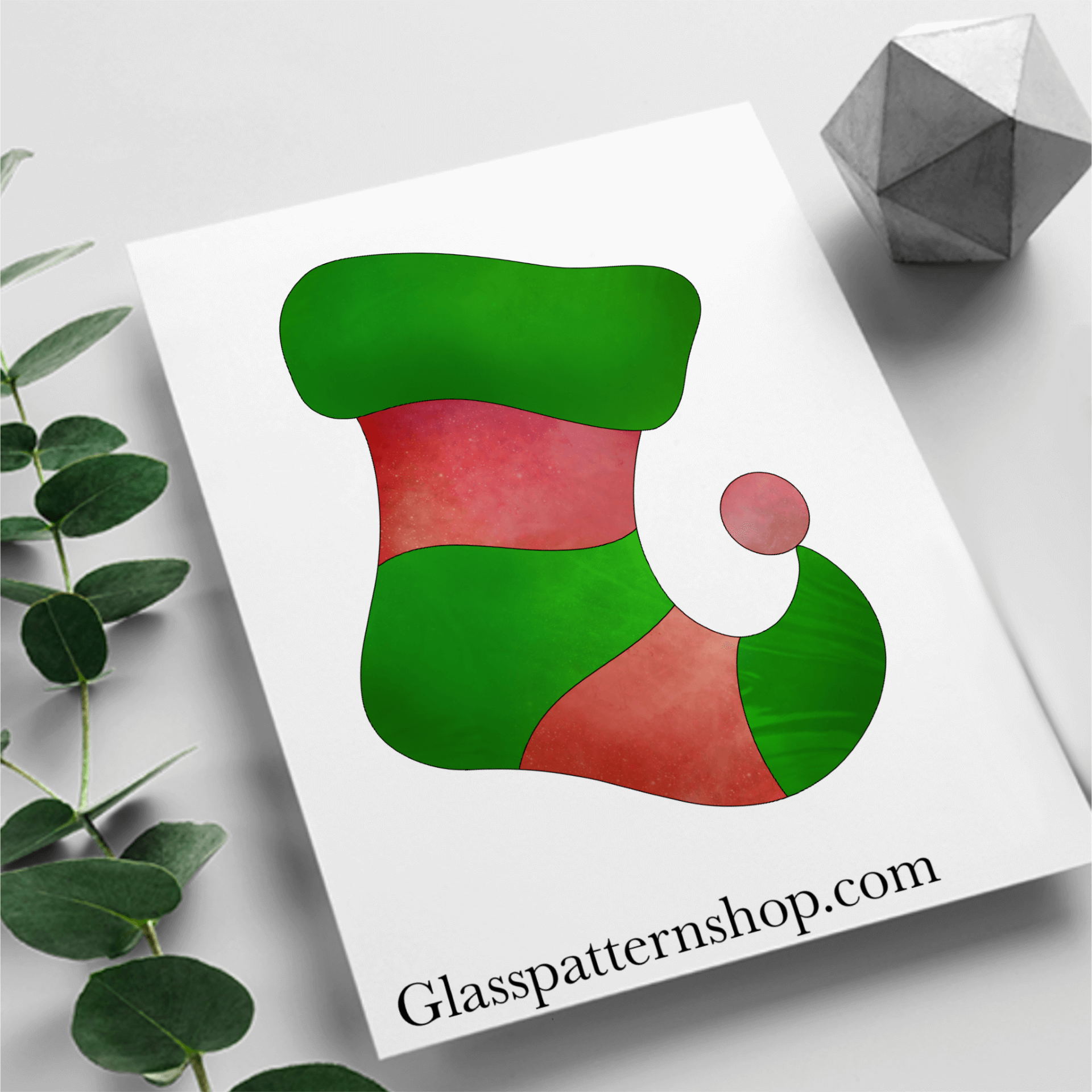 Digital stained glass pattern featuring a cheerful Christmas elf sock, perfect for festive holiday decorations