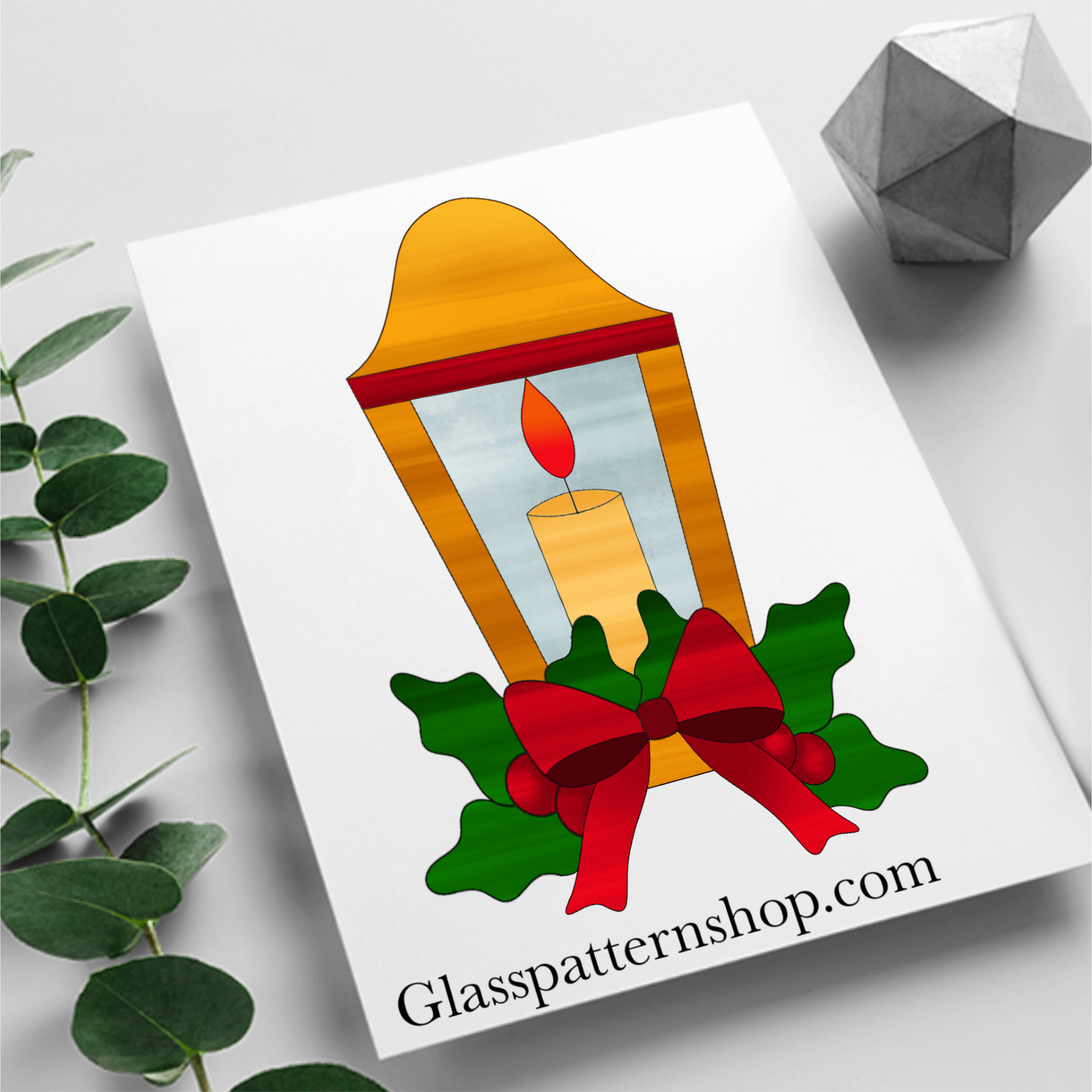 Digital stained glass pattern of a decorative candle lantern, ideal for cozy or holiday-themed designs.