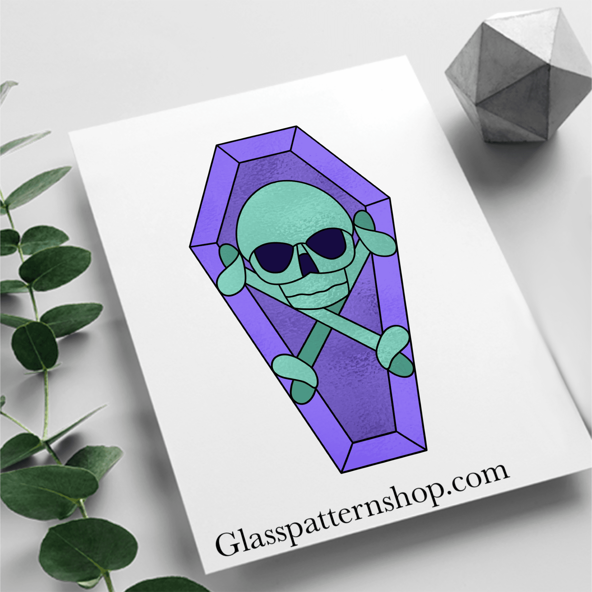 Coffin-shaped stained glass pattern with skull and crossbones – printable Halloween design