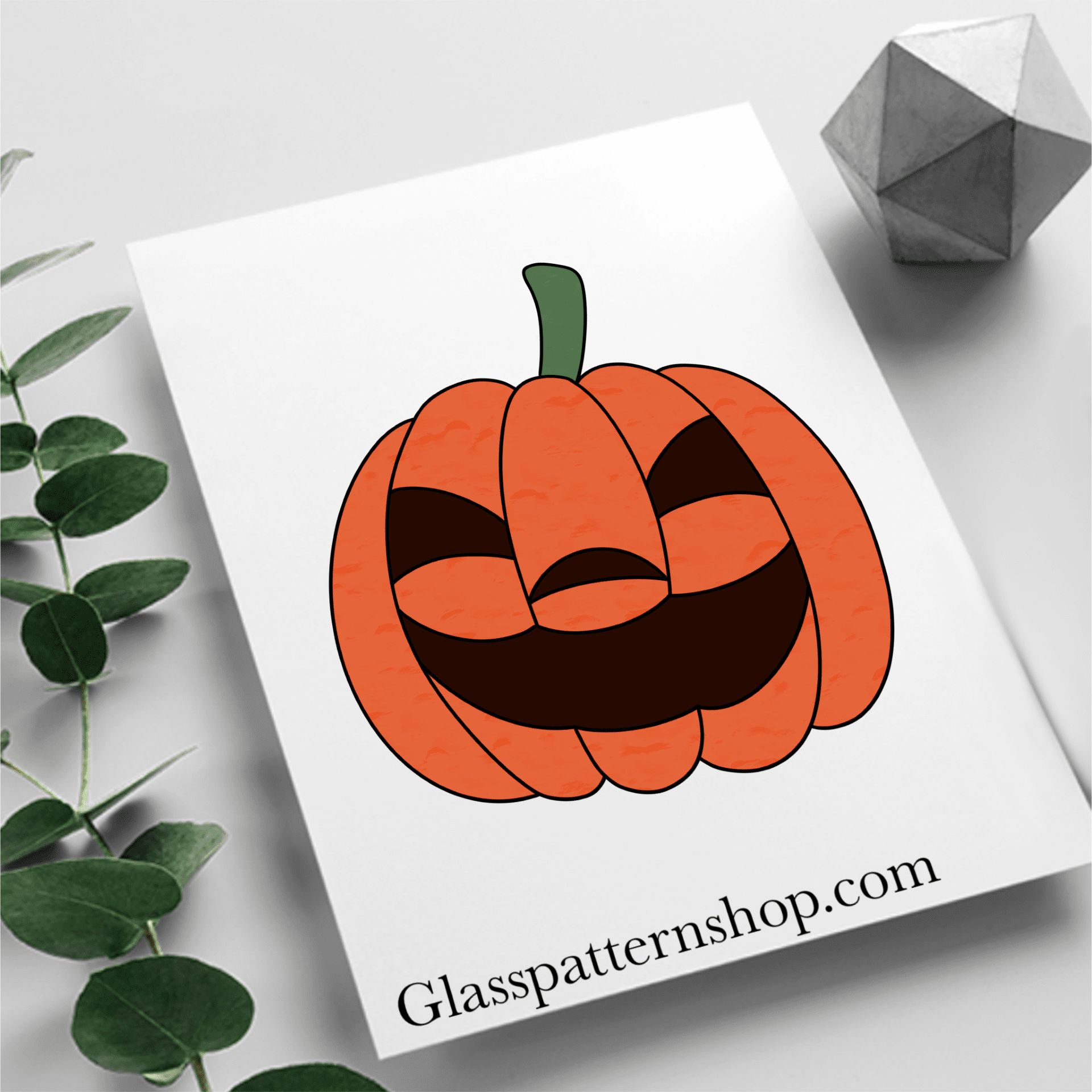 Halloween pumpkin stained glass pattern, jack-o’-lantern face, printable digital download.