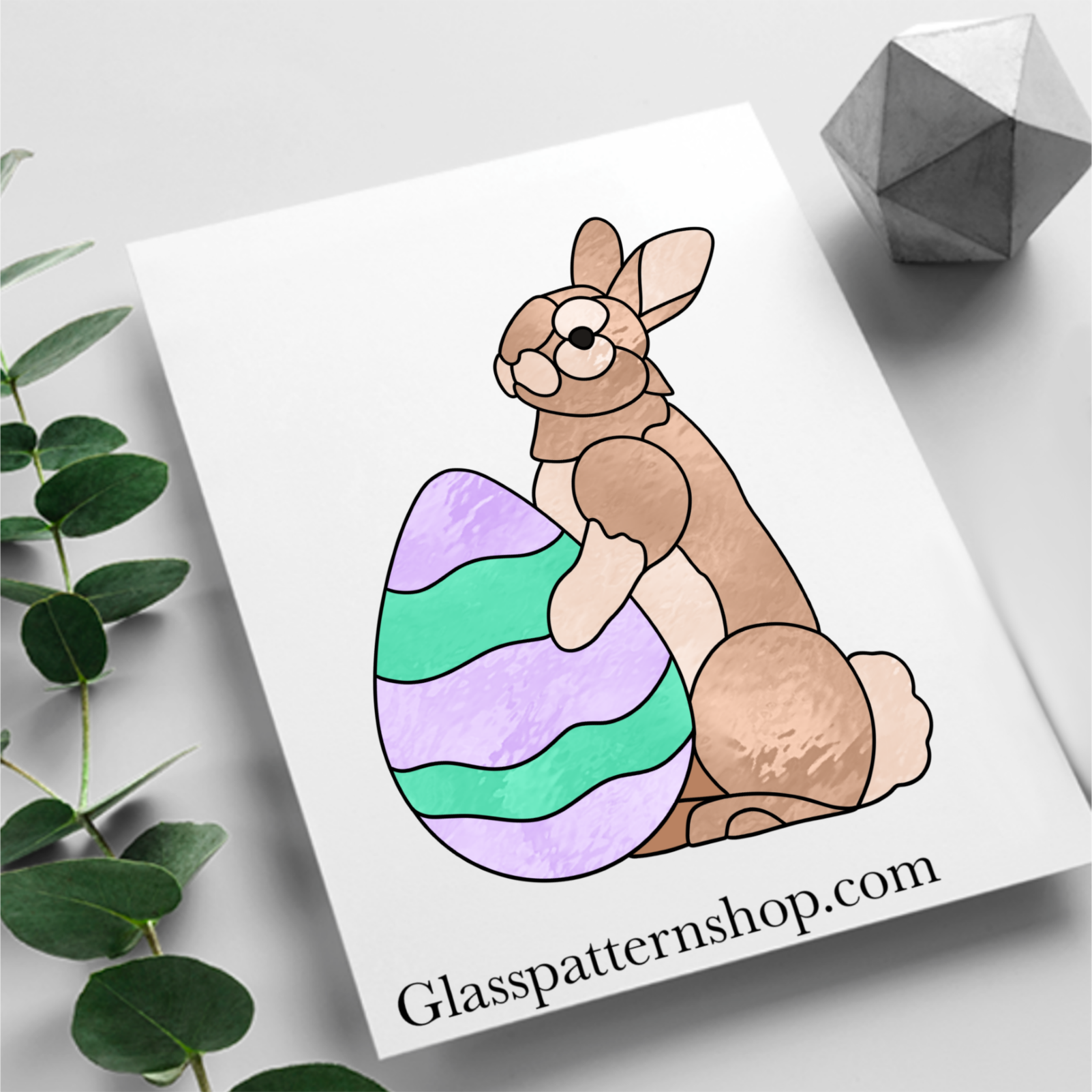 Easter Bunny with Eggs Printable Pattern – A resizable stained glass outline of a bunny with Easter eggs, available as an instant digital download.