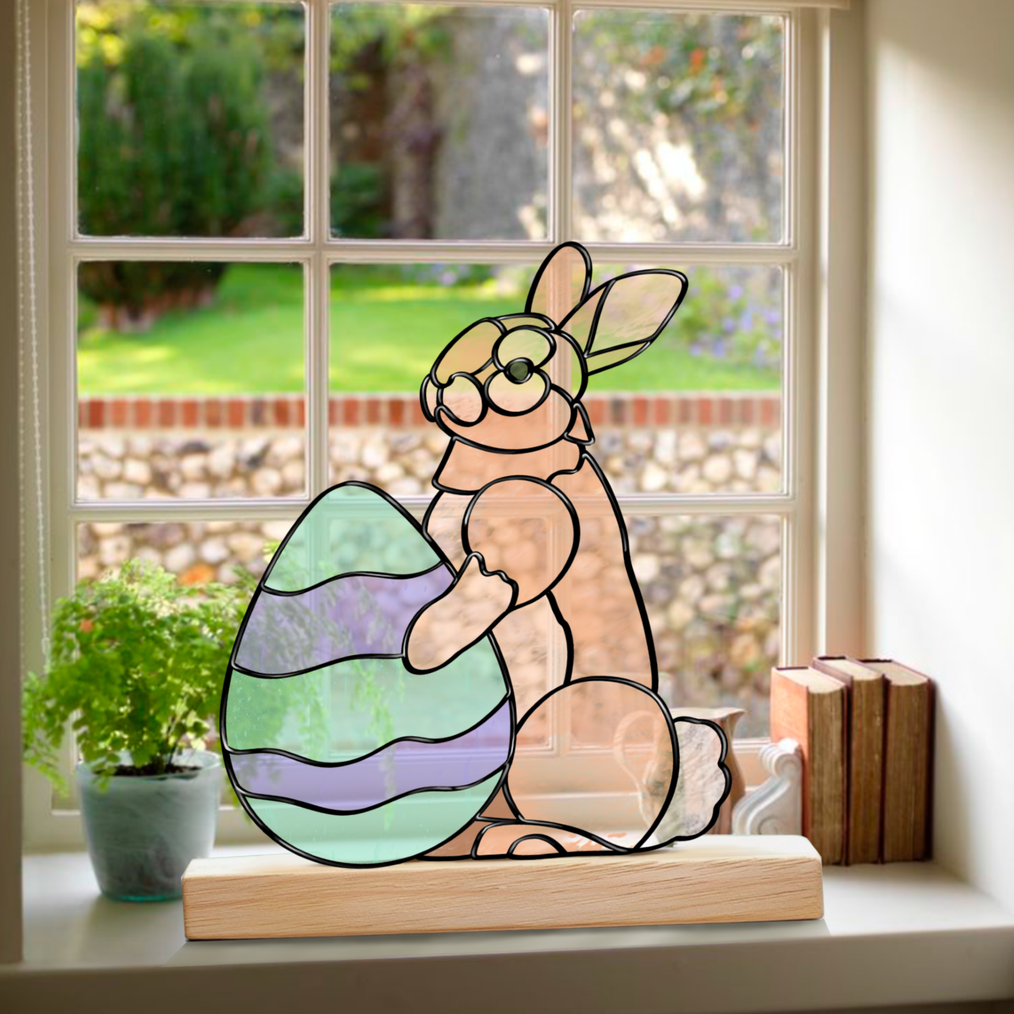 A resizable stained glass outline of a bunny with Easter eggs, available as an instant digital download.