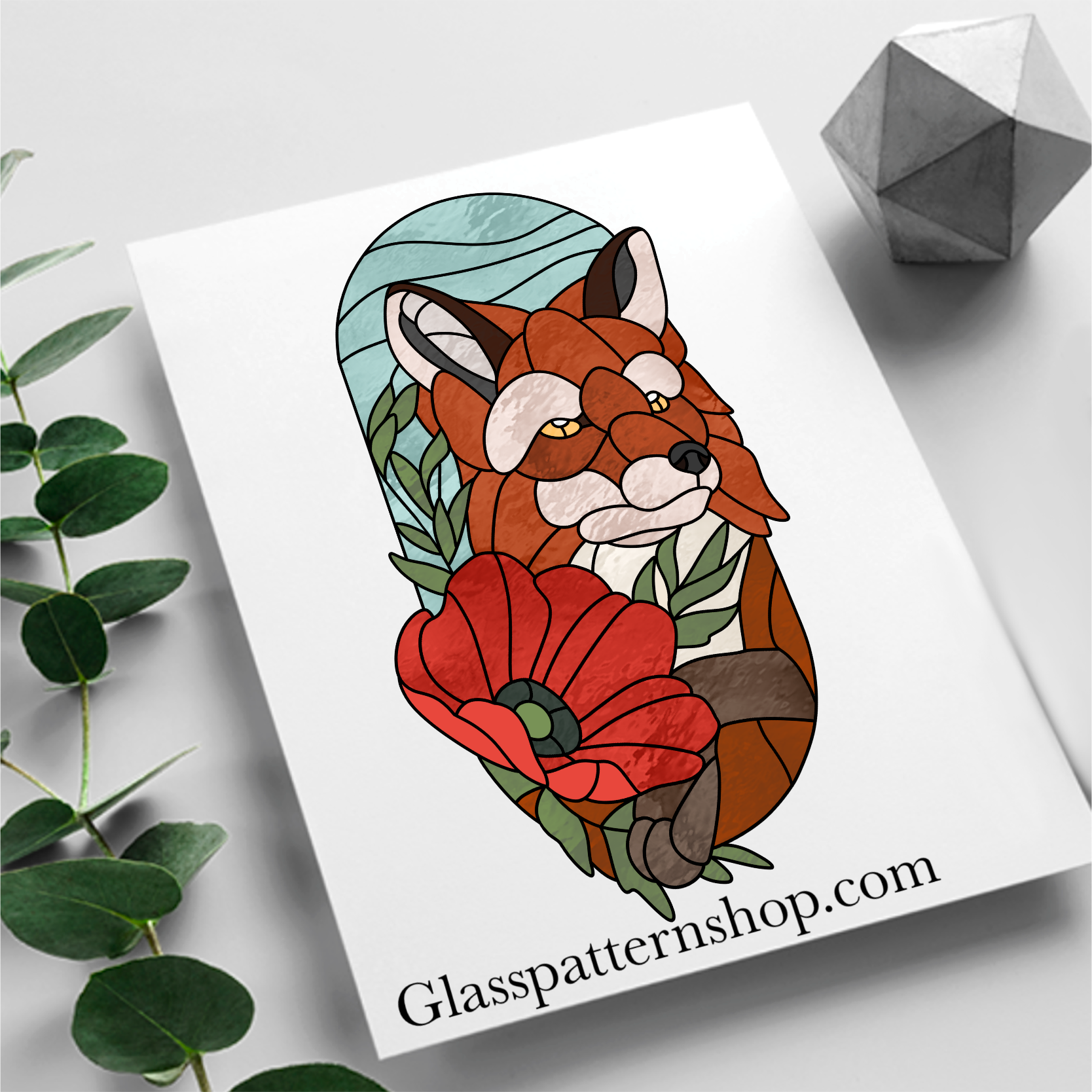 Stained glass pattern featuring a graceful fox with vibrant poppy flowers. Perfect for creating woodland-themed glass art.