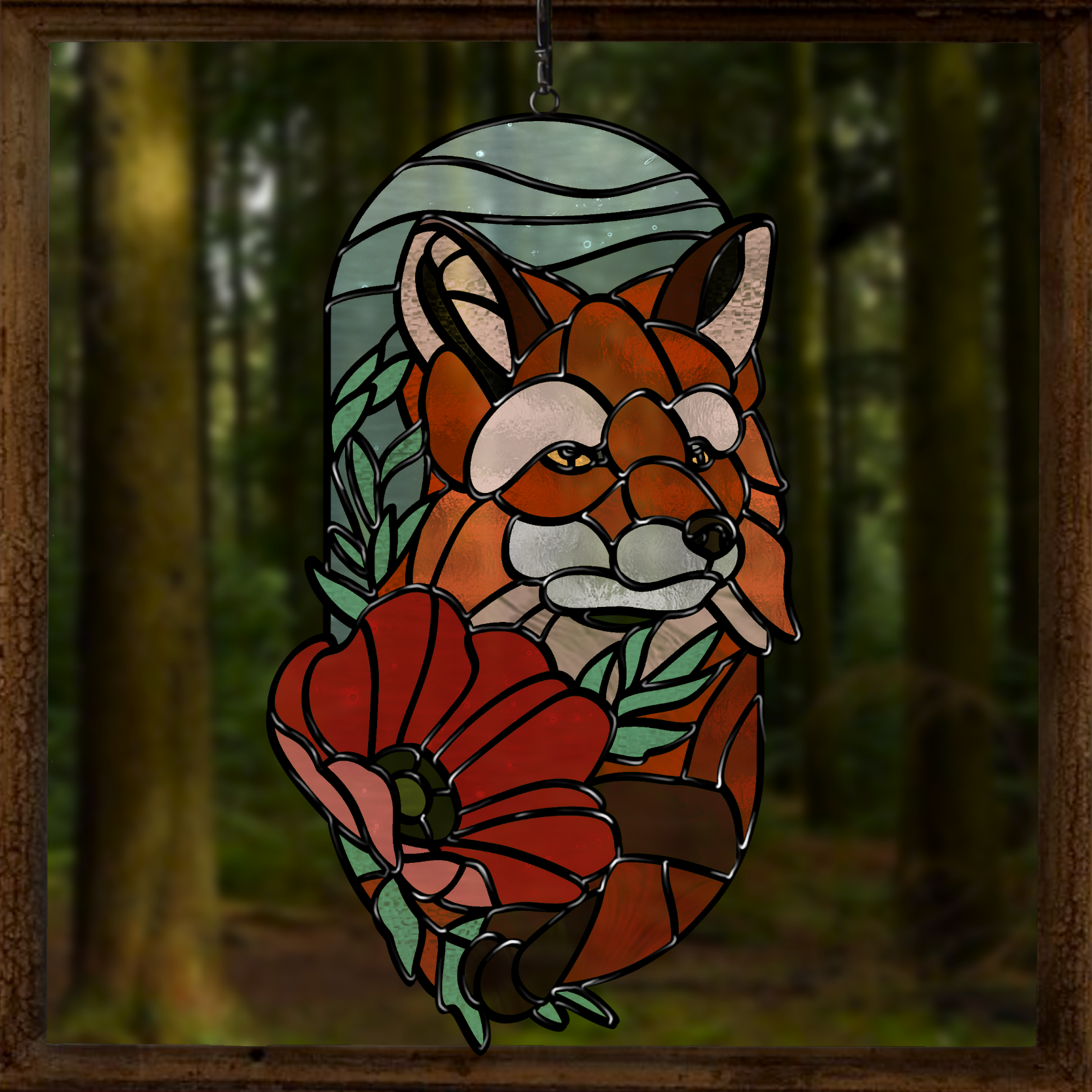 Stained glass pattern featuring a graceful fox with vibrant poppy flowers. Perfect for creating woodland-themed glass art.