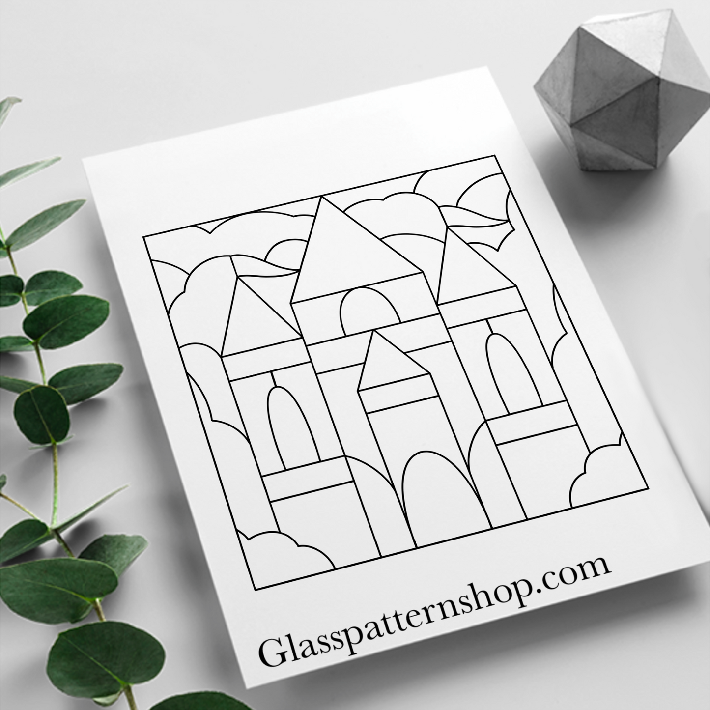 Castle stained glass pattern - Digital download for shadow box frame projects - Magical castle design