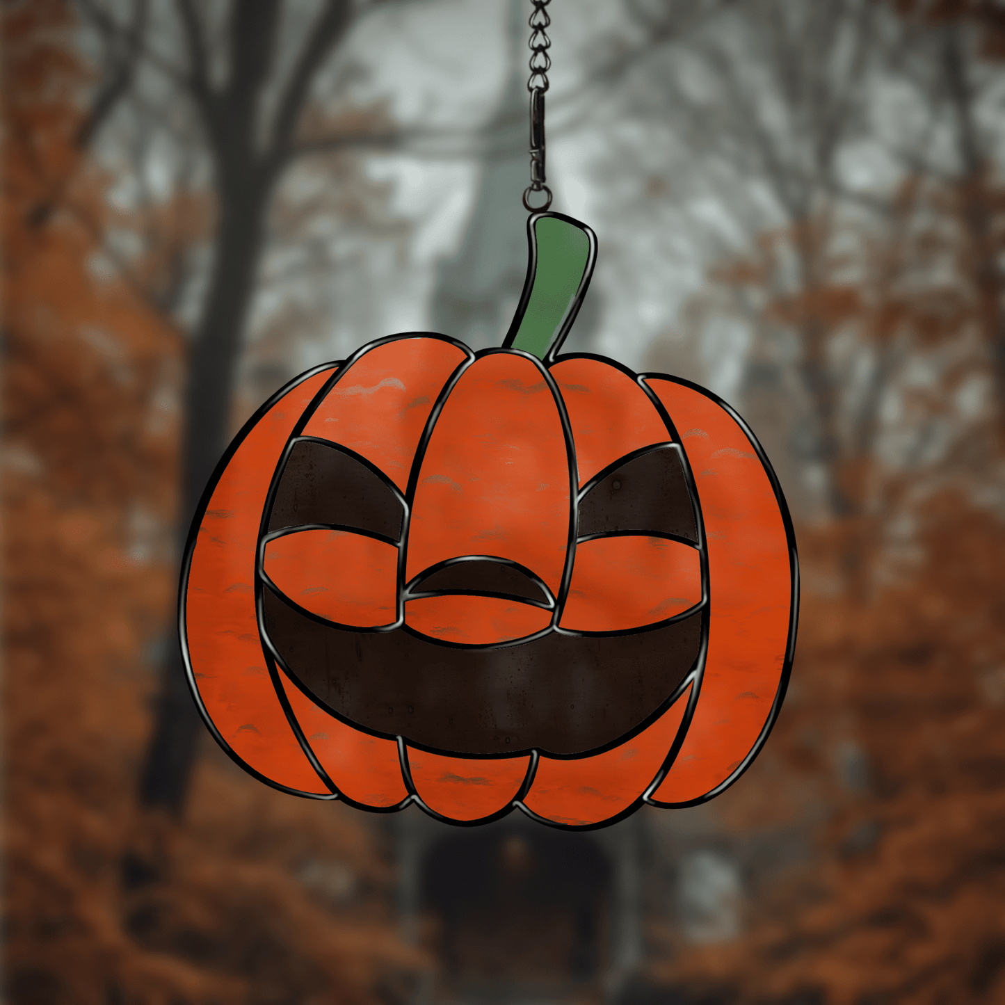 Halloween pumpkin stained glass pattern, jack-o’-lantern face, printable digital download.