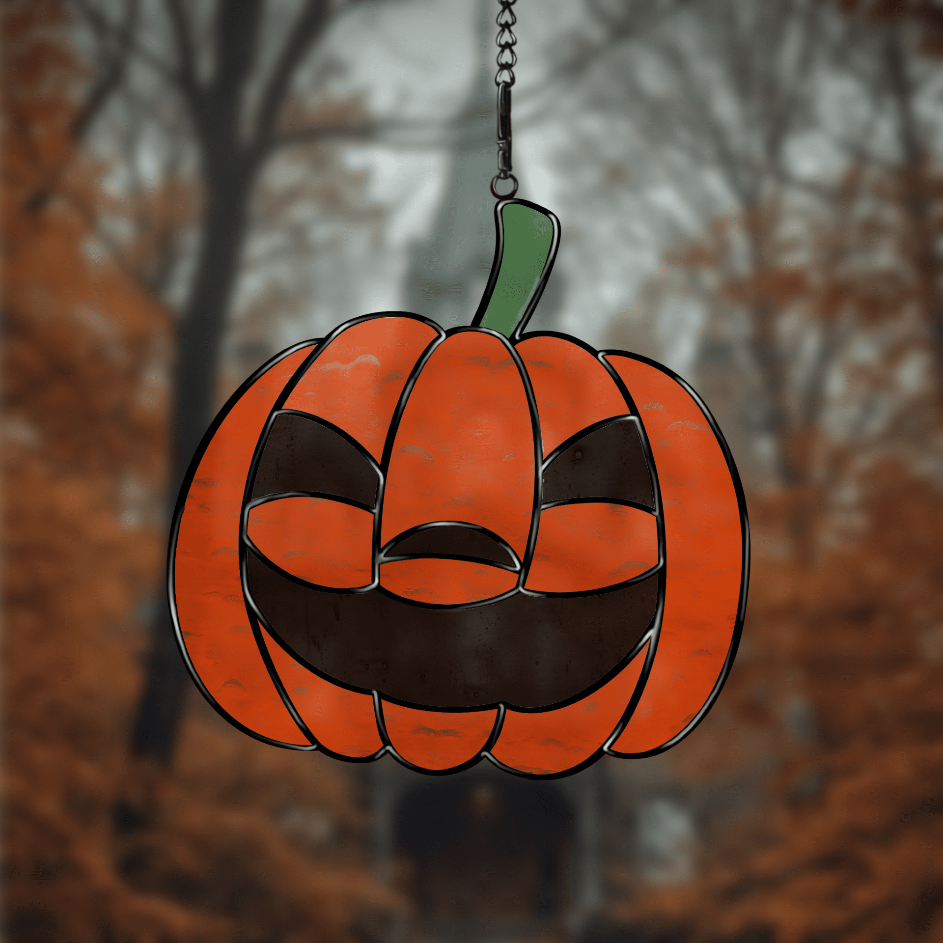 Halloween pumpkin stained glass pattern, jack-o’-lantern face, printable digital download.