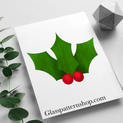 Digital stained glass pattern featuring three holly leaves with berries, perfect for Christmas and holiday-themed decorations.