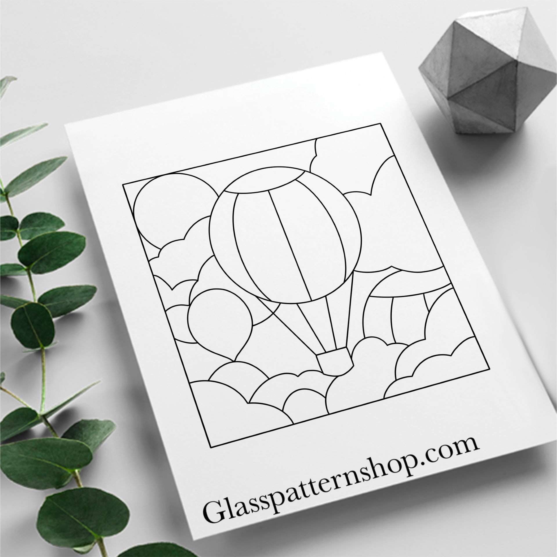 Hot Air Balloon in the Clouds stained glass pattern - Digital download for shadow box frame projects - Whimsical balloon design