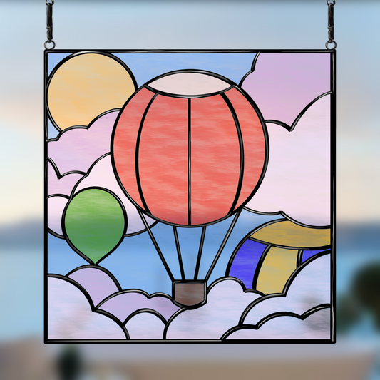 Hot Air Balloon in the Clouds stained glass pattern - Digital download for shadow box frame projects - Whimsical balloon design