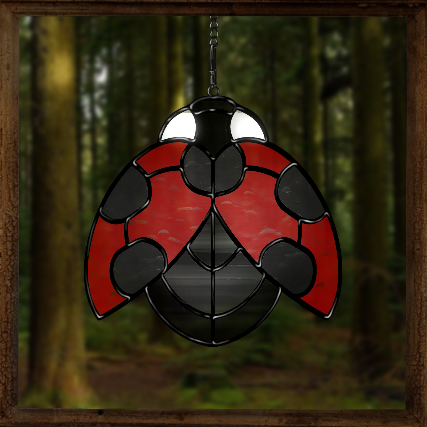 Stained glass pattern featuring a detailed ladybird resting on a leaf. Perfect for creating vibrant, nature-themed glass art.