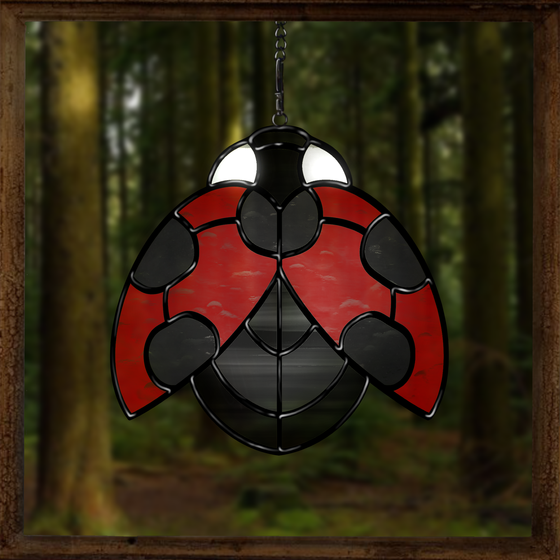 Stained glass pattern featuring a detailed ladybird resting on a leaf. Perfect for creating vibrant, nature-themed glass art.