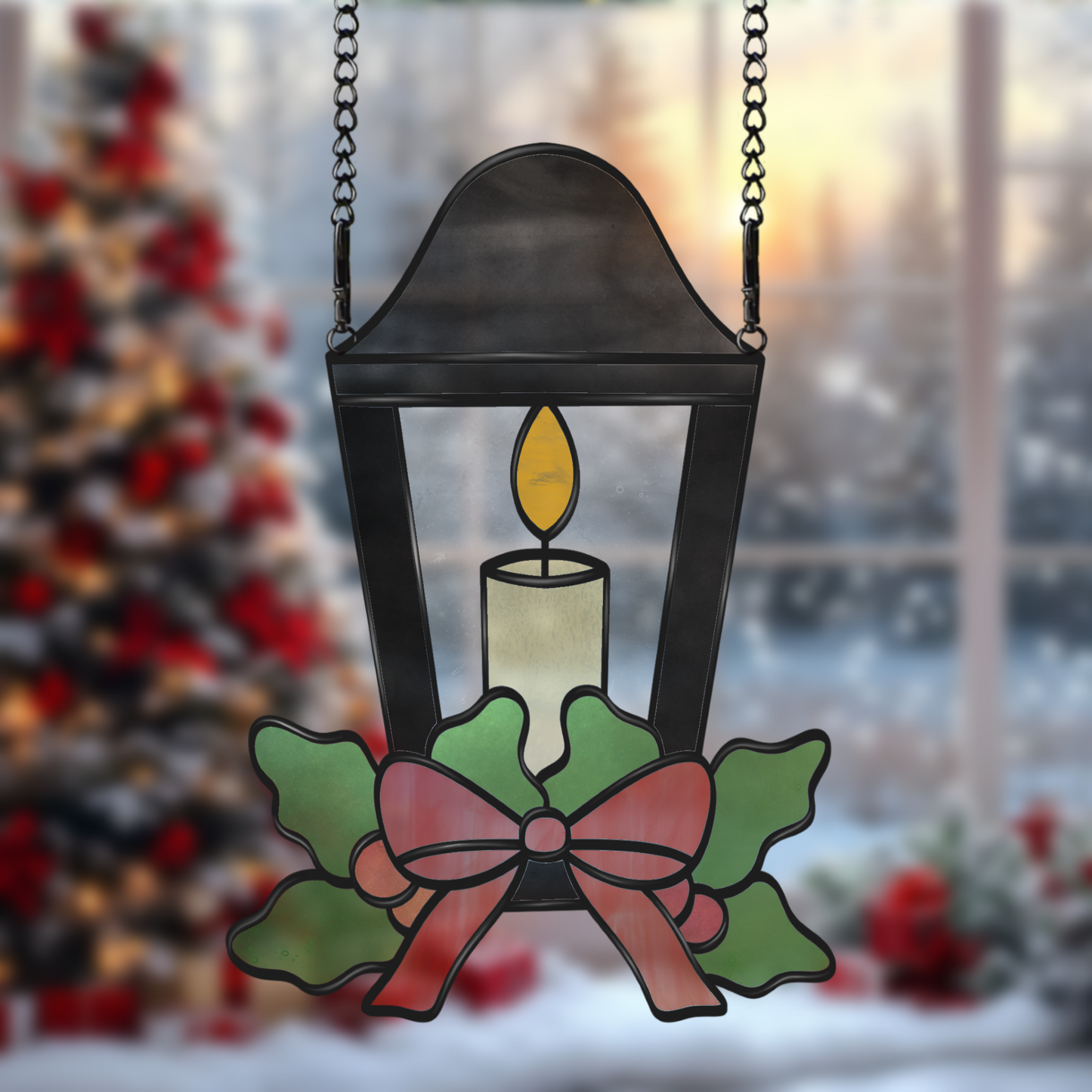 Digital stained glass pattern of a decorative candle lantern, ideal for cozy or holiday-themed designs.