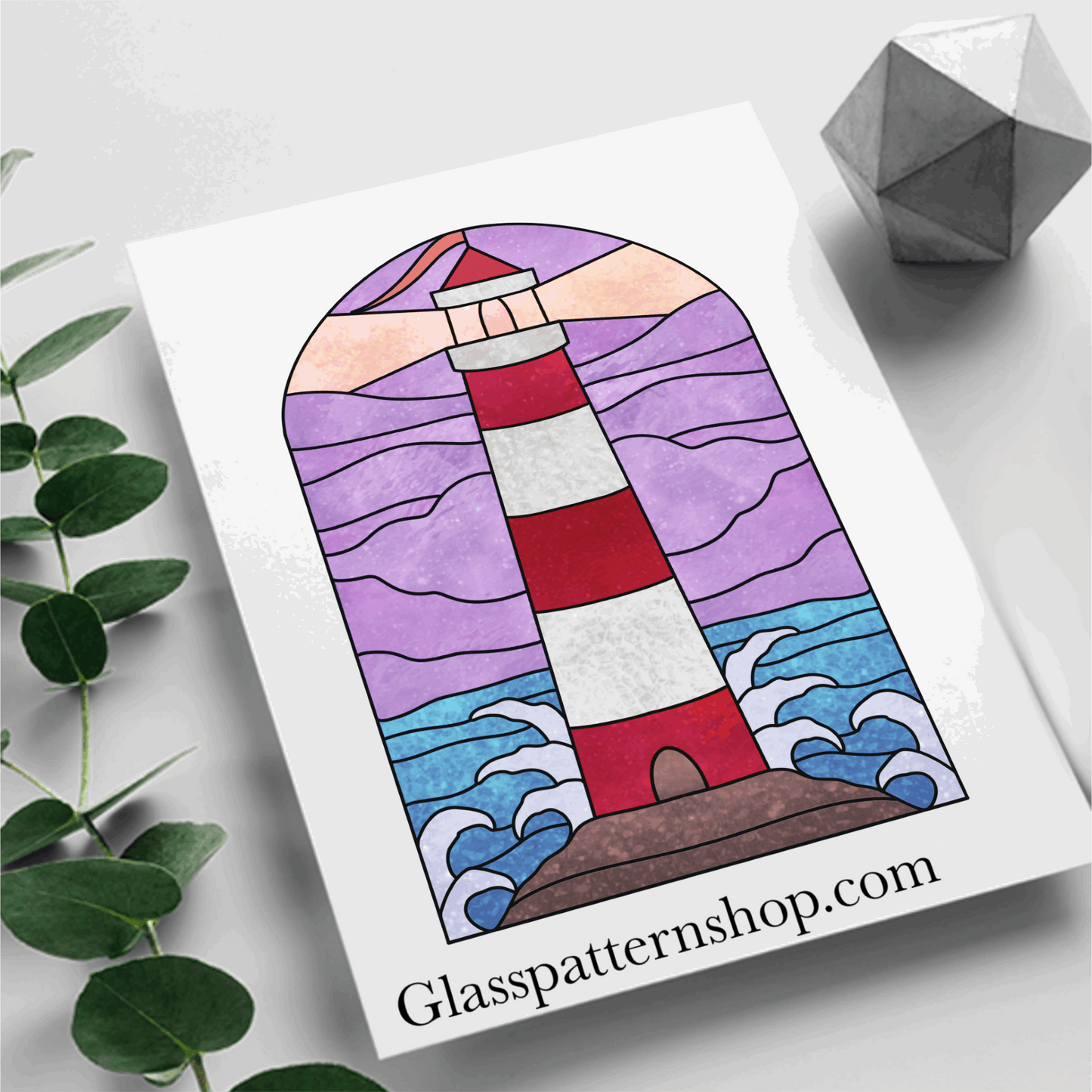 Lighthouse stained glass pattern featuring a classic coastal lighthouse, available as a printable digital download.