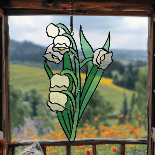 Lily of the Valley stained glass suncatcher pattern – digital download. Printable outline design for stained glass projects, resizable and customizable.