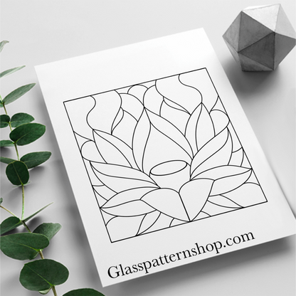 Lotus flower stained glass pattern digital download, elegant floral design for shadow box frames, zen-inspired and tranquil stained glass art.