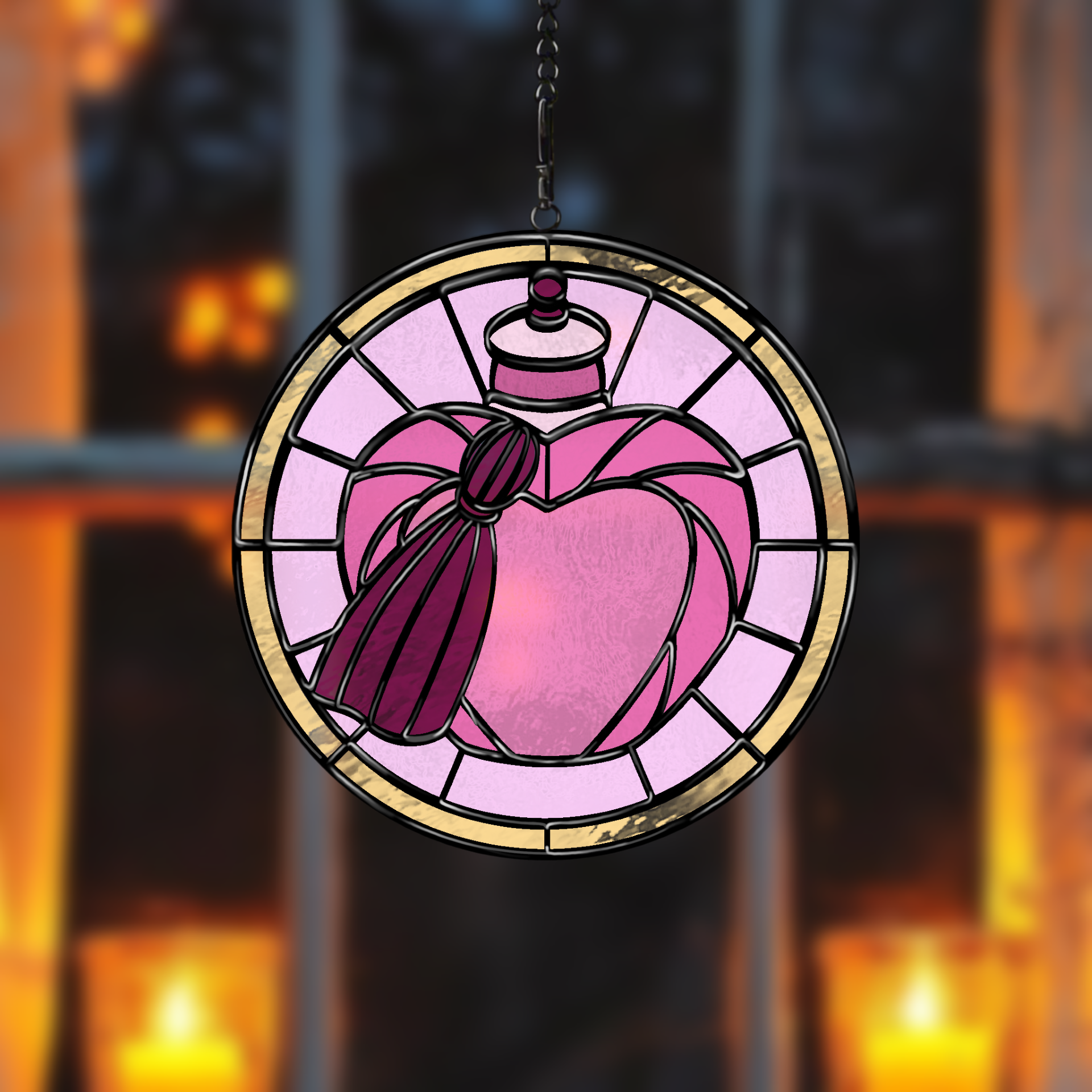 Love potion bottle stained glass pattern for crafting magical stained glass projects. Perfect for lovers of mystical art and unique decor.