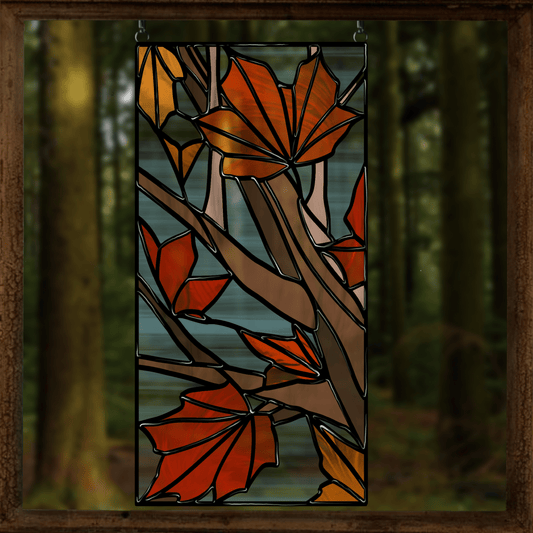 Maple leaves stained glass panel pattern – printable fall window design for digital crafting