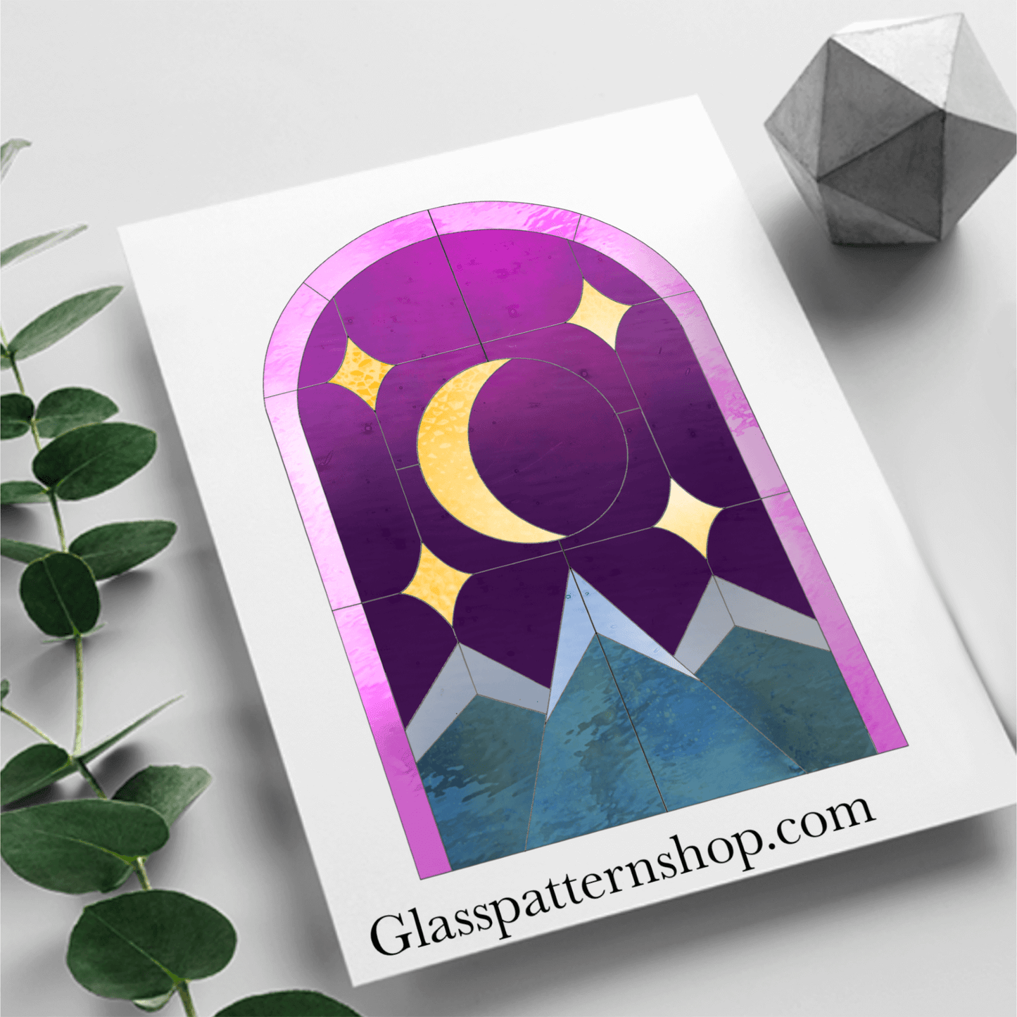 Celestial mountains and moon suncatcher stained glass pattern, nature-inspired celestial design.