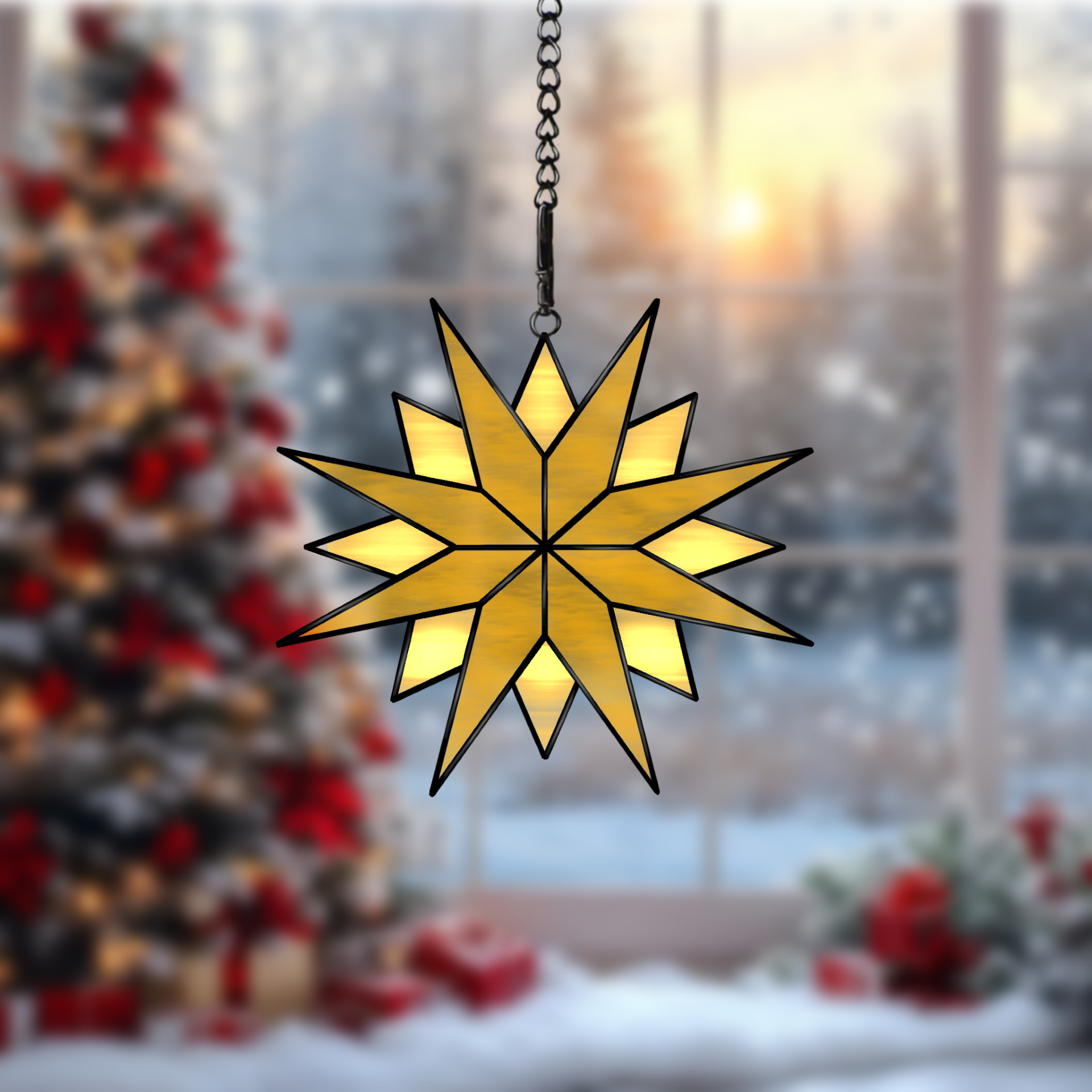 Digital stained glass pattern featuring a multi-pointed star design, ideal for celestial or holiday-themed decorations